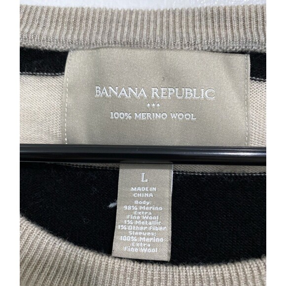 Banana Republic Sweater Womens Size L Italian Merino Wool Beige Black Stirped - Picture 6 of 12
